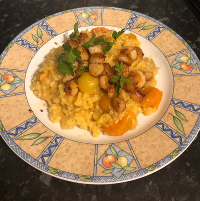 Scallops & Saffron Risotto with Blistered Tomatoes: A Symphony of Love